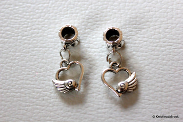 Tibetan silver Heart with wing dangle Bead / Charm x 2